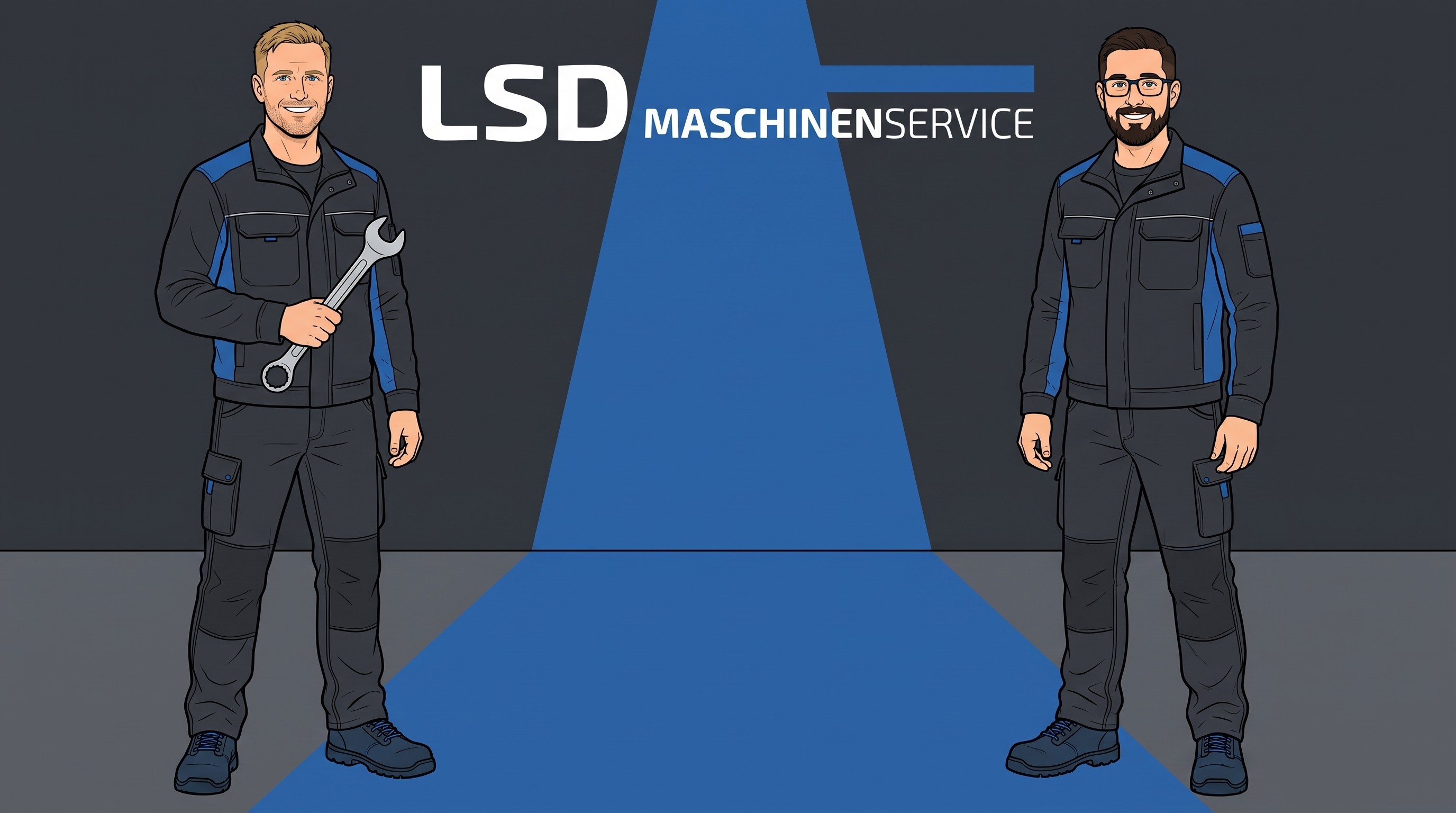 Manuel Lautenbacher und Simon Dirr als Zeichnung in Arbeitskleidung vor dem LSD-Maschinenservice-Logo